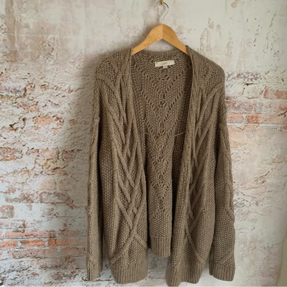 LOFT Wool Blend Tan Cable Knit Open Cardigan with side pockets